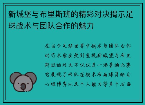 新城堡与布里斯班的精彩对决揭示足球战术与团队合作的魅力